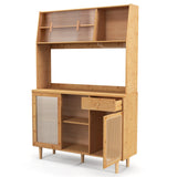 69 Inch Wine Bar Kitchen Cabinet with Sliding Tempered Glass and Rattan Door-Natural