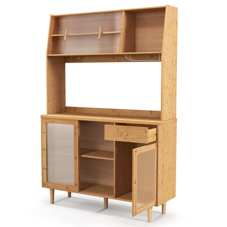 69 Inch Wine Bar Kitchen Cabinet with Sliding Tempered Glass and Rattan Door-Natural