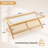Z-Shaped Handwoven Bamboo Coffee Table with Tempered Glass Top-Natural