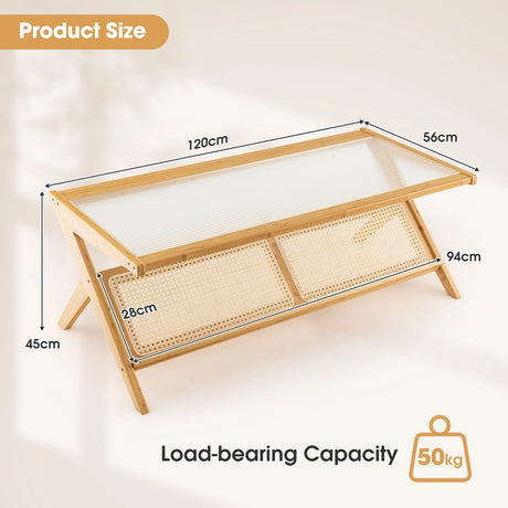 Z-Shaped Handwoven Bamboo Coffee Table with Tempered Glass Top-Natural