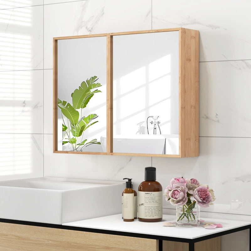 Double Door Bathroom Wall Cabinet with Mirror and  Adjustable Shelves-Natural