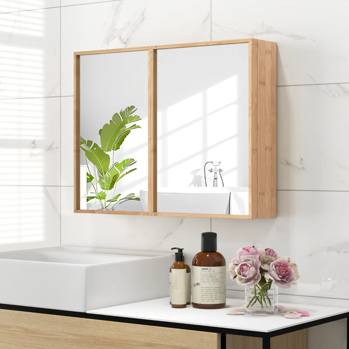 Double Door Bathroom Wall Cabinet with Mirror and  Adjustable Shelves-Natural