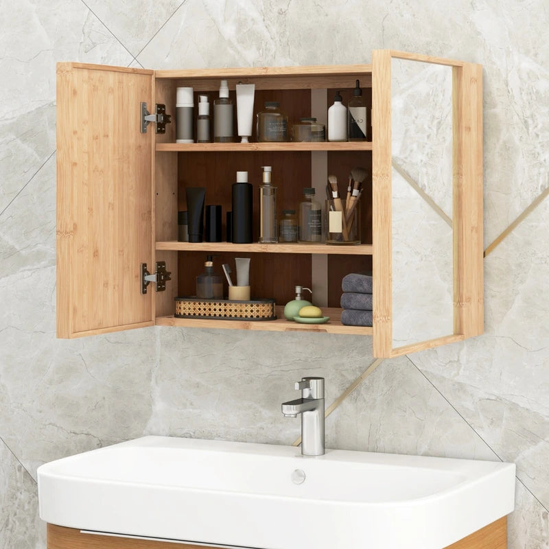 Double Door Bathroom Wall Cabinet with Mirror and  Adjustable Shelves-Natural