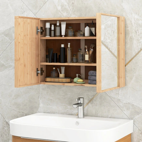 Double Door Bathroom Wall Cabinet with Mirror and  Adjustable Shelves-Natural