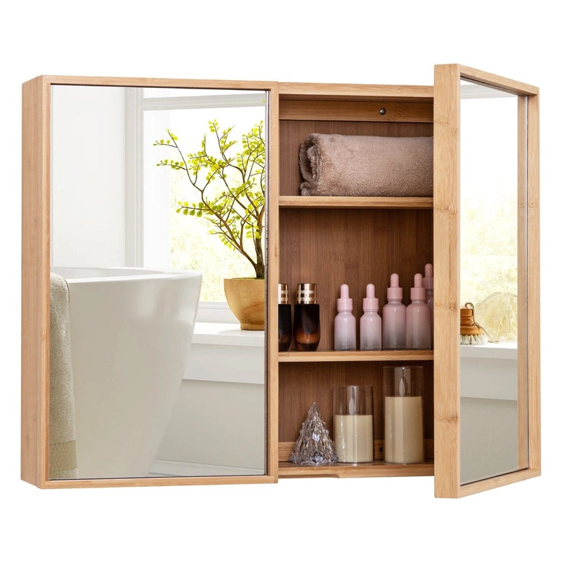 Double Door Bathroom Wall Cabinet with Mirror and  Adjustable Shelves-Natural