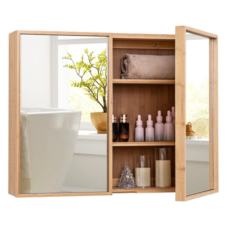 Double Door Bathroom Wall Cabinet with Mirror and  Adjustable Shelves-Natural