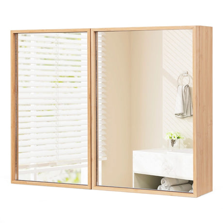 Double Door Bathroom Wall Cabinet with Mirror and  Adjustable Shelves-Natural