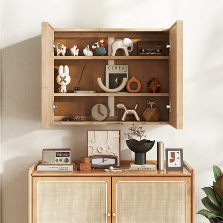 Double Door Bathroom Wall Cabinet with Mirror and  Adjustable Shelves-Natural