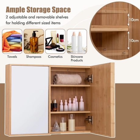Double Door Bathroom Wall Cabinet with Mirror and  Adjustable Shelves-Natural