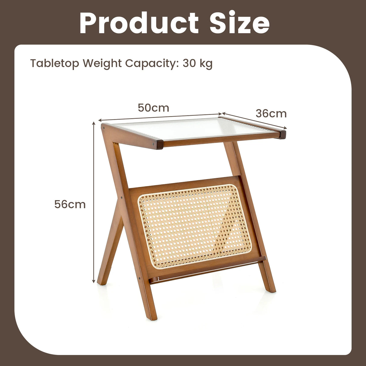 Boho End Table with Magazine Rack and Tempered Glass Top-Walnut