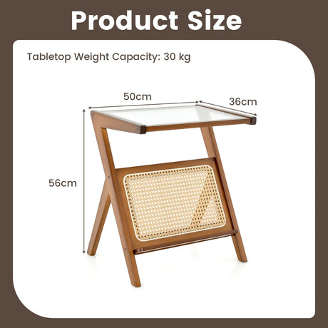 Boho End Table with Magazine Rack and Tempered Glass Top-Walnut