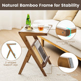 Boho End Table with Magazine Rack and Tempered Glass Top-Walnut