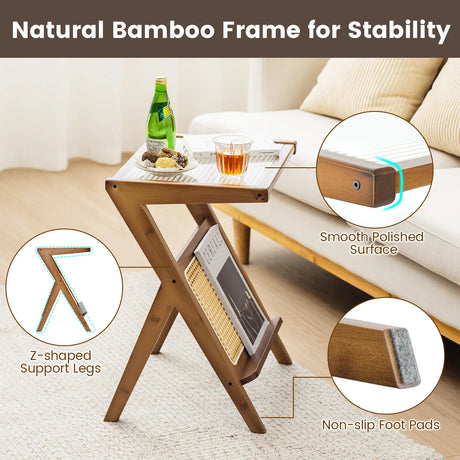 Boho End Table with Magazine Rack and Tempered Glass Top-Walnut