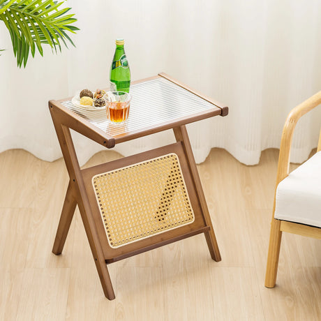 Boho End Table with Magazine Rack and Tempered Glass Top-Walnut