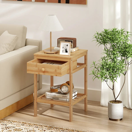 Bamboo Nightstand Bedside Table with Drawer and Open Storage Shelf Natural