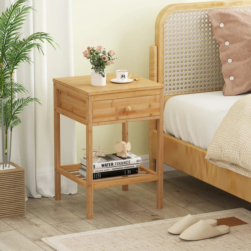 Bamboo Nightstand Bedside Table with Drawer and Open Storage Shelf Natural