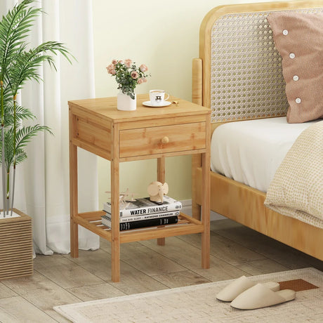 Bamboo Nightstand Bedside Table with Drawer and Open Storage Shelf Natural