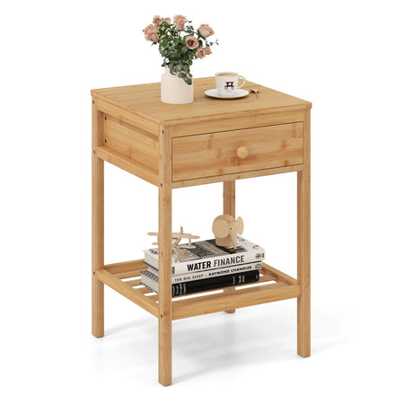 Bamboo Nightstand Bedside Table with Drawer and Open Storage Shelf Natural