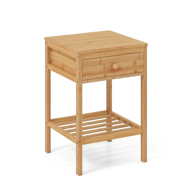 Bamboo Nightstand Bedside Table with Drawer and Open Storage Shelf Natural