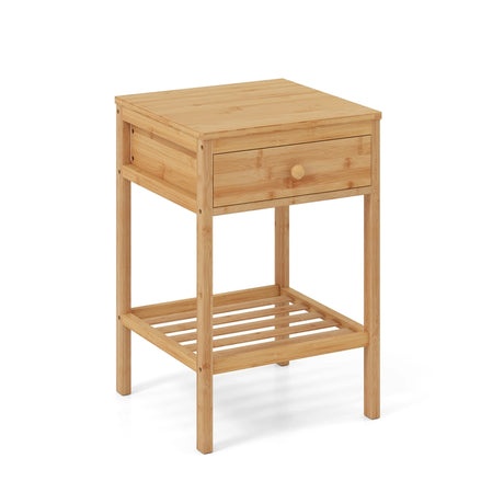 Bamboo Nightstand Bedside Table with Drawer and Open Storage Shelf Natural