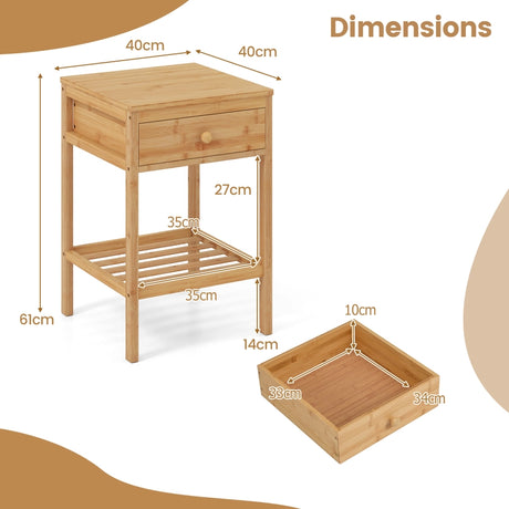 Bamboo Nightstand Bedside Table with Drawer and Open Storage Shelf Natural