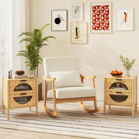 Bamboo Nightstand with 2 Storage Drawers and Reeded Tempered Glass Fronts-Natural