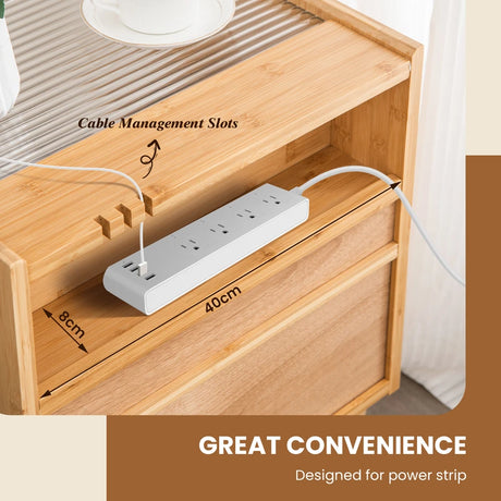 Bamboo Rattan Nightstand with Drawer and Solid Wood Legs-Natural