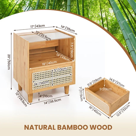 Bamboo Rattan Nightstand with Drawer and Solid Wood Legs-Natural