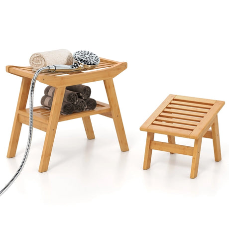 Bamboo Shower Seat Bench with Foot Stool for Indoor & Outdoor