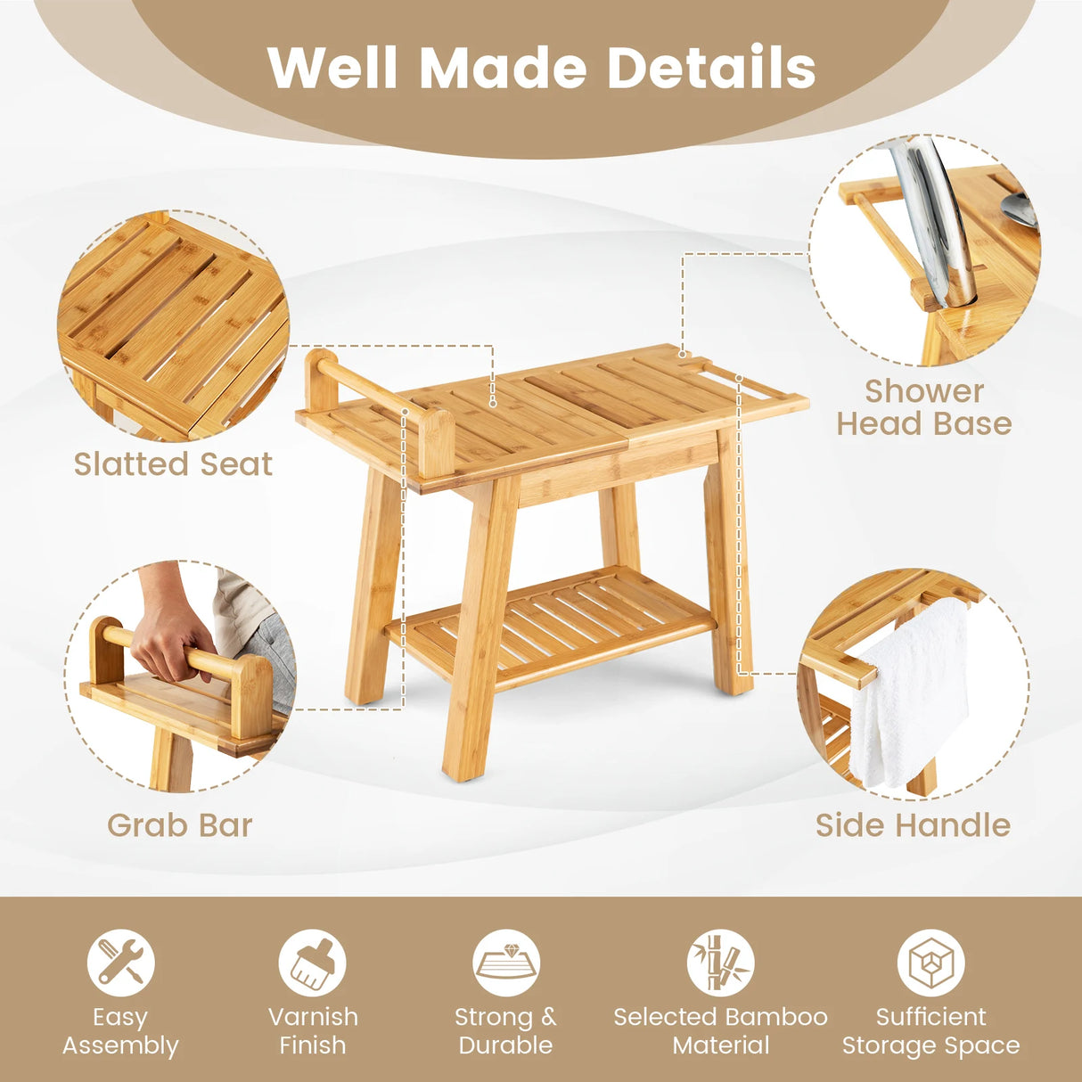 Bamboo Shower Bench with Storage Shelf