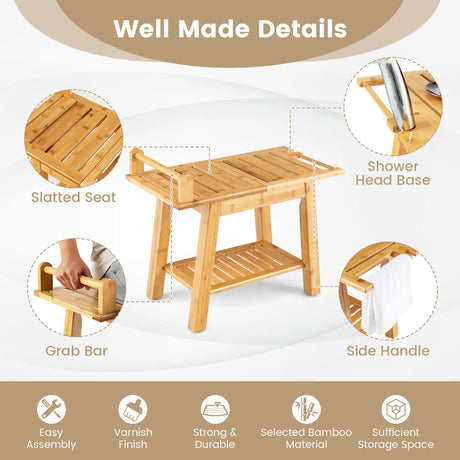 Bamboo Shower Bench with Storage Shelf