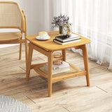 Boho Bamboo Sofa Side Table with Faux Rattan Storage Shelf-Natural