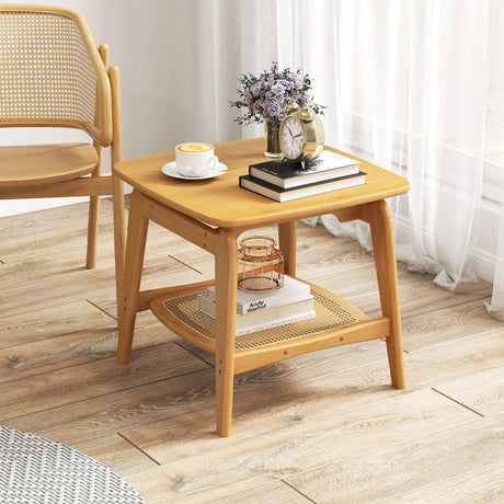 Boho Bamboo Sofa Side Table with Faux Rattan Storage Shelf-Natural