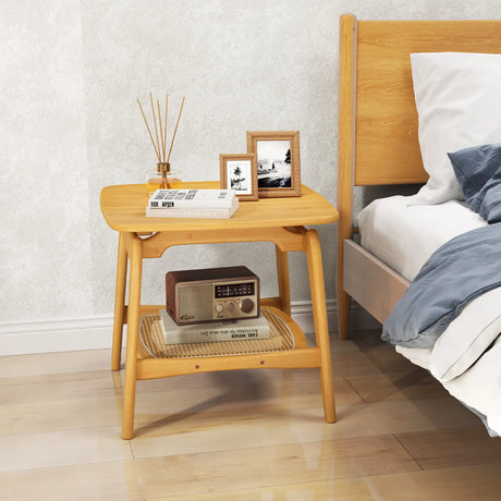 Boho Bamboo Sofa Side Table with Faux Rattan Storage Shelf-Natural