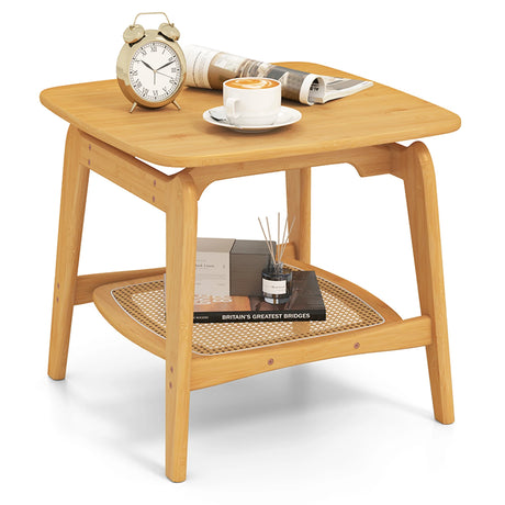 Boho Bamboo Sofa Side Table with Faux Rattan Storage Shelf-Natural