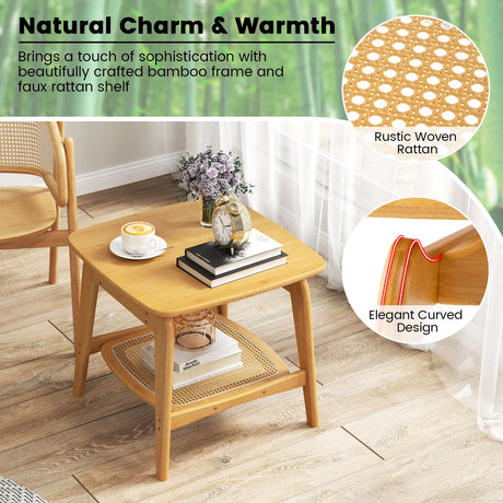 Boho Bamboo Sofa Side Table with Faux Rattan Storage Shelf-Natural