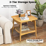 Boho Bamboo Sofa Side Table with Faux Rattan Storage Shelf-Natural