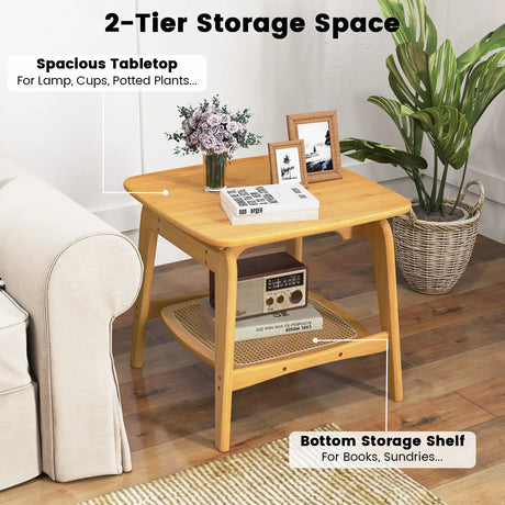 Boho Bamboo Sofa Side Table with Faux Rattan Storage Shelf-Natural