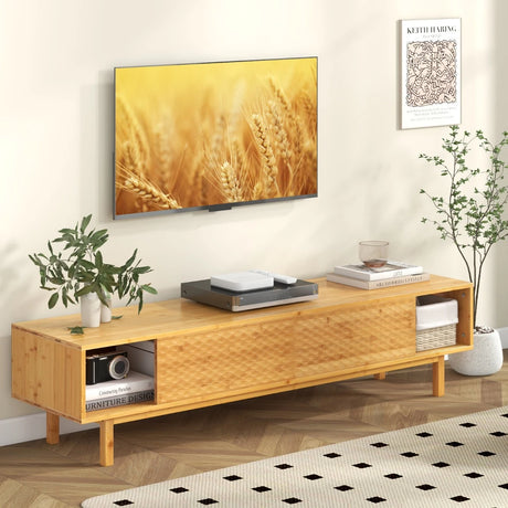 63 Inches Mid Century Modern Bamboo TV Stand with Sliding Doors-Natural