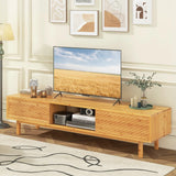 63 Inches Mid Century Modern Bamboo TV Stand with Sliding Doors-Natural