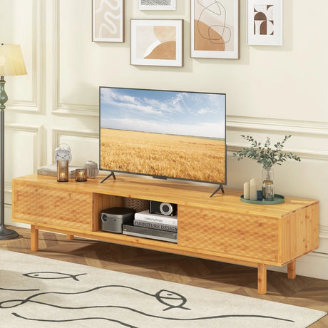 63 Inches Mid Century Modern Bamboo TV Stand with Sliding Doors-Natural