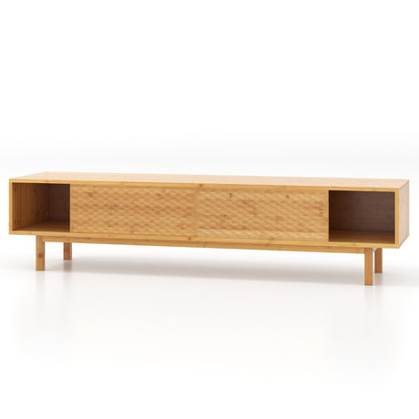 63 Inches Mid Century Modern Bamboo TV Stand with Sliding Doors-Natural