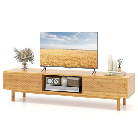 63 Inches Mid Century Modern Bamboo TV Stand with Sliding Doors-Natural