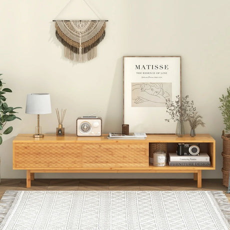 63 Inches Mid Century Modern Bamboo TV Stand with Sliding Doors-Natural