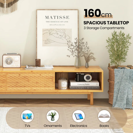 63 Inches Mid Century Modern Bamboo TV Stand with Sliding Doors-Natural