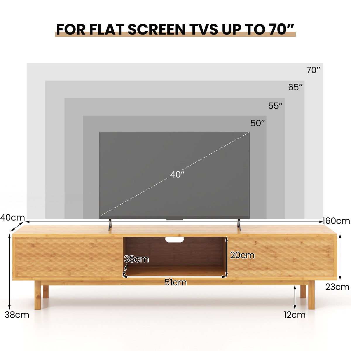 63 Inches Mid Century Modern Bamboo TV Stand with Sliding Doors-Natural