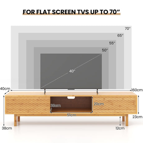 63 Inches Mid Century Modern Bamboo TV Stand with Sliding Doors-Natural
