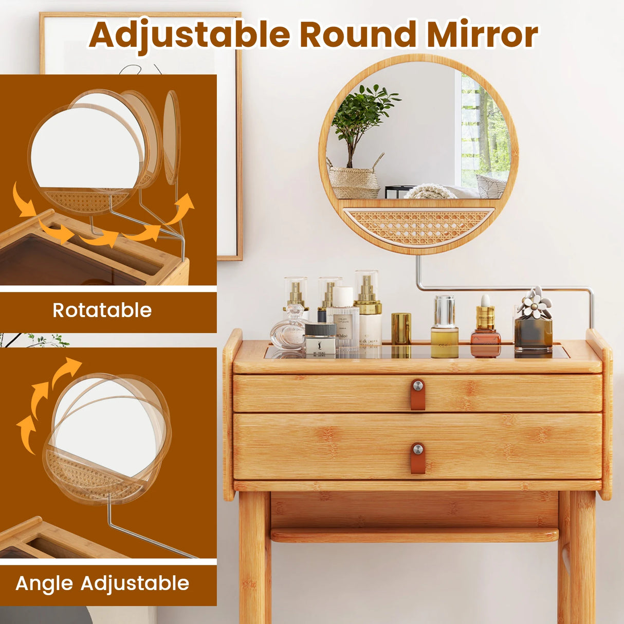 Bamboo Makeup Vanity Table with Mirror with 2 Storage Drawers-Natural