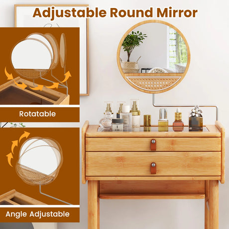 Bamboo Makeup Vanity Table with Mirror with 2 Storage Drawers-Natural