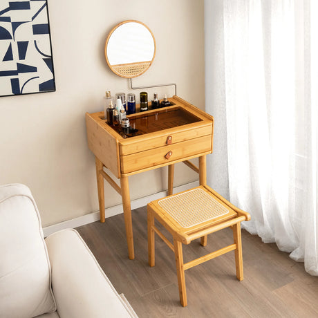 Bamboo Vanity Stool with Rattan Top and Reinforcement Bar-Natural